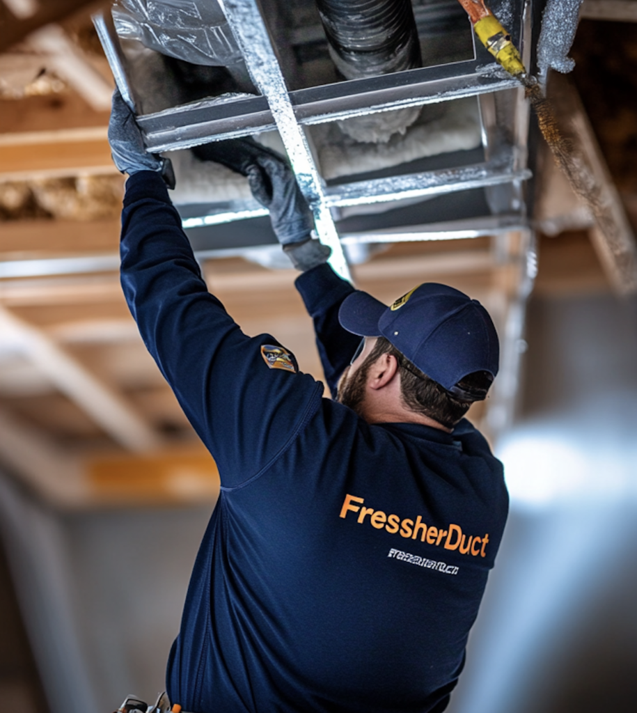 Close-up view of technician in blue uniform properly cleaning the connection point between flexible and rigid ductwork