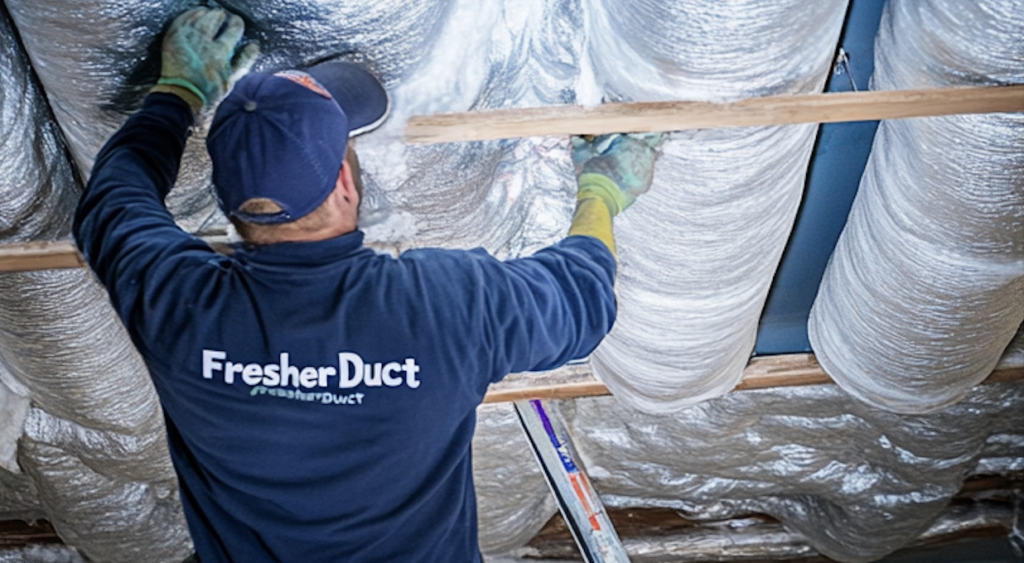 Technician carefully handling flexible air duct insulation during cleaning process, ensuring thorough service without damage
