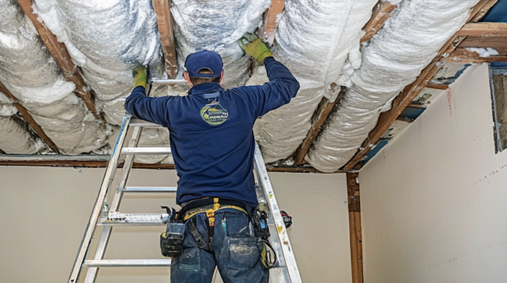 Professional on ladder servicing complex junction of multiple air ducts in ceiling, demonstrating technical expertise