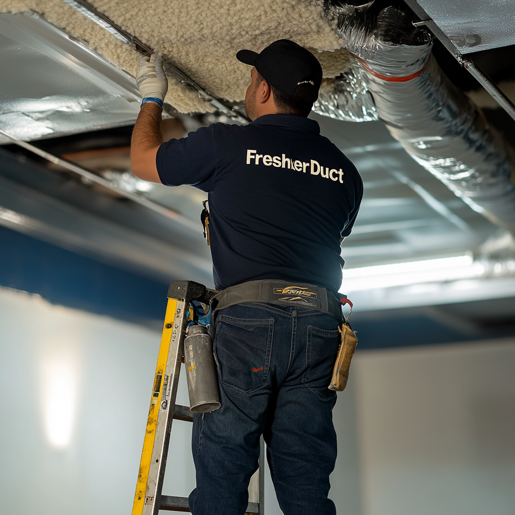 Technician on ladder reaching up to clean rectangular air duct connections mounted to ceiling with specialized equipment